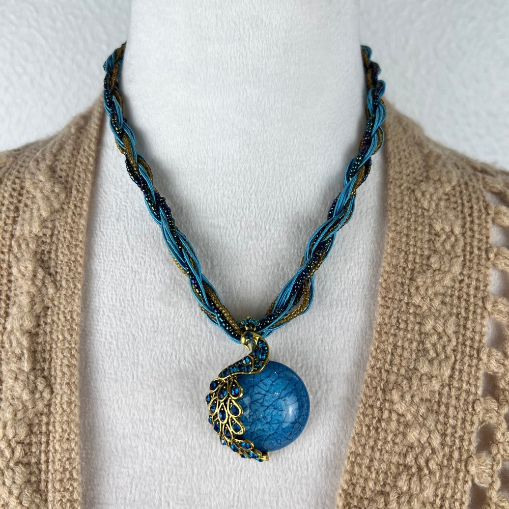 Blue Peacock Pendant Necklace Gold Tone Rhinestone Multi Strand Beaded Statement